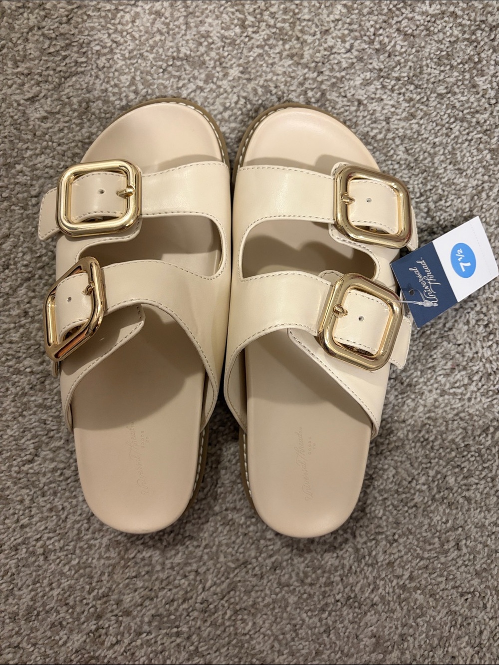 Universal Thread Off-White Double Buckle Slide Sandals with Gold Buckles